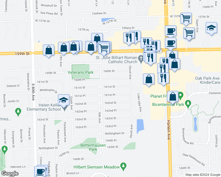 map of restaurants, bars, coffee shops, grocery stores, and more near 7523 161st Street in Tinley Park