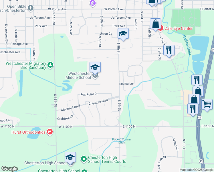 map of restaurants, bars, coffee shops, grocery stores, and more near Dunewood Drive in Chesterton