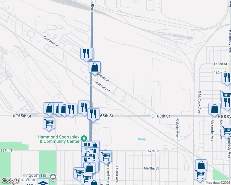 map of restaurants, bars, coffee shops, grocery stores, and more near 2133 Sherman St in Hammond