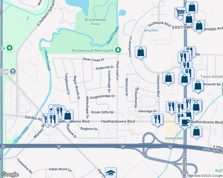 map of restaurants, bars, coffee shops, grocery stores, and more near 2334-2344 Crossbough Drive in Toledo