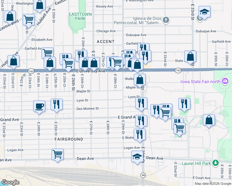 map of restaurants, bars, coffee shops, grocery stores, and more near 2811 Maple Street in Des Moines