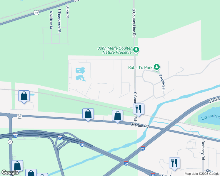 map of restaurants, bars, coffee shops, grocery stores, and more near 620 Warrick Street in Gary