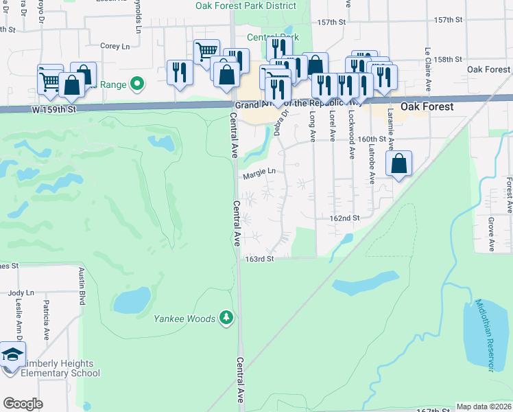 map of restaurants, bars, coffee shops, grocery stores, and more near 5527 Babette Court in Oak Forest