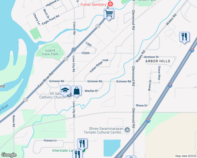 map of restaurants, bars, coffee shops, grocery stores, and more near 561 Maybar Drive in Rossford
