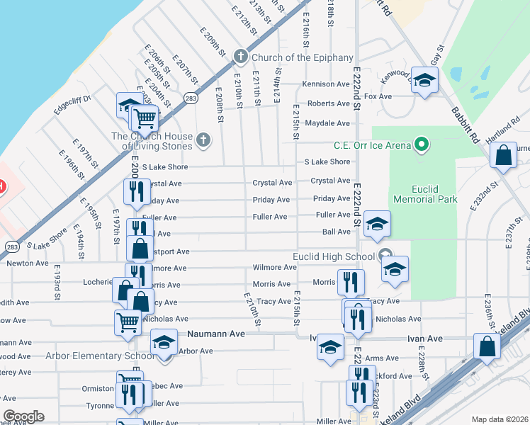 map of restaurants, bars, coffee shops, grocery stores, and more near 21271 Fuller Avenue in Euclid