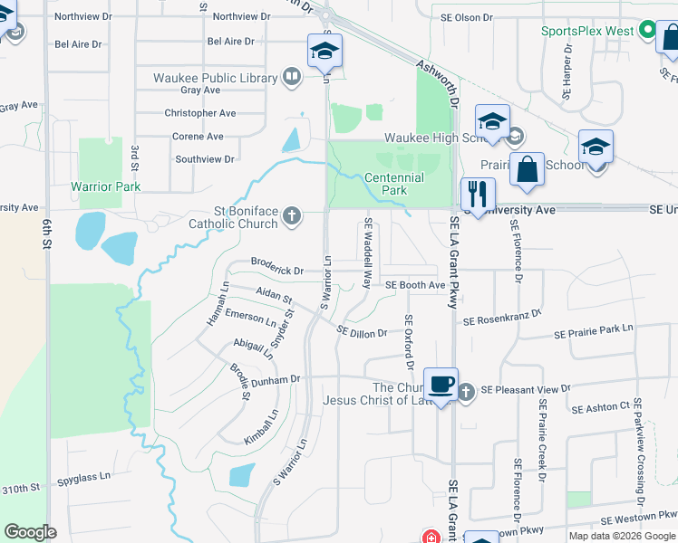 map of restaurants, bars, coffee shops, grocery stores, and more near 34 Southeast Booth Avenue in Waukee