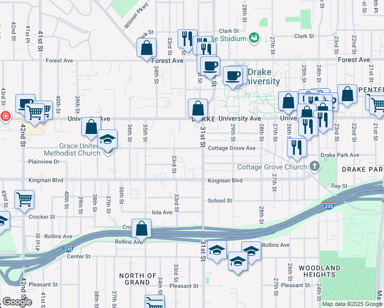 map of restaurants, bars, coffee shops, grocery stores, and more near 3118 Cottage Grove Avenue in Des Moines