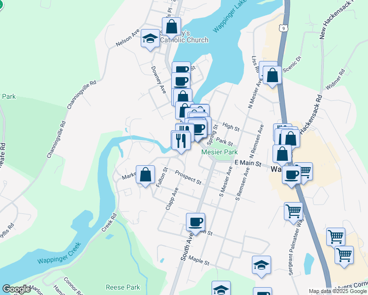 map of restaurants, bars, coffee shops, grocery stores, and more near 19 Market St in Wappingers Falls