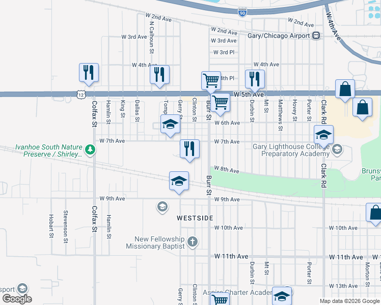 map of restaurants, bars, coffee shops, grocery stores, and more near 734 Clinton Street in Gary