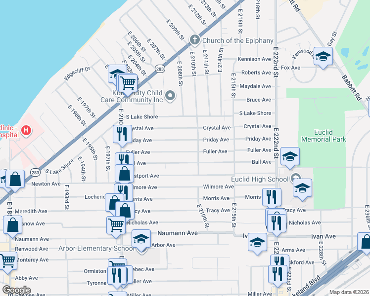 map of restaurants, bars, coffee shops, grocery stores, and more near 21001 Fuller Avenue in Euclid