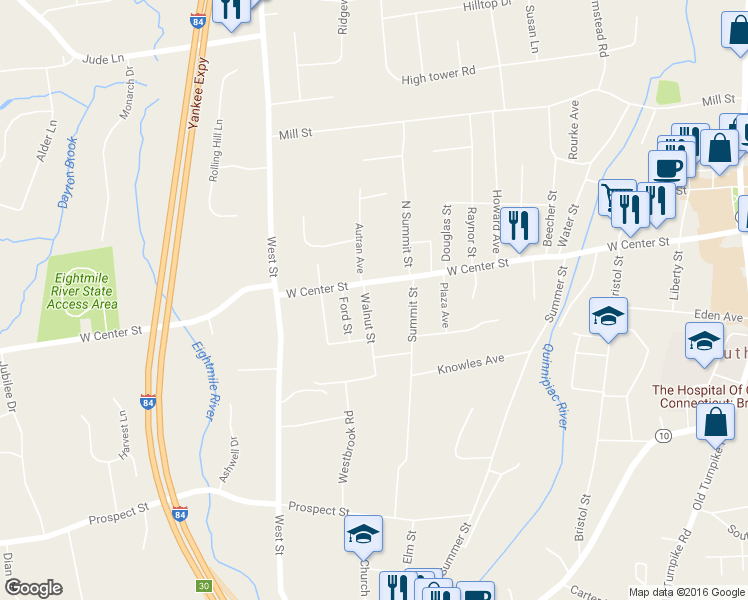 map of restaurants, bars, coffee shops, grocery stores, and more near 17 Walnut Street in Southington