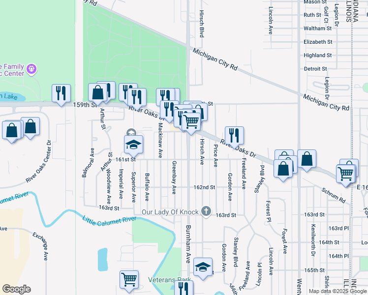 map of restaurants, bars, coffee shops, grocery stores, and more near 1278 Burnham Avenue in Calumet City