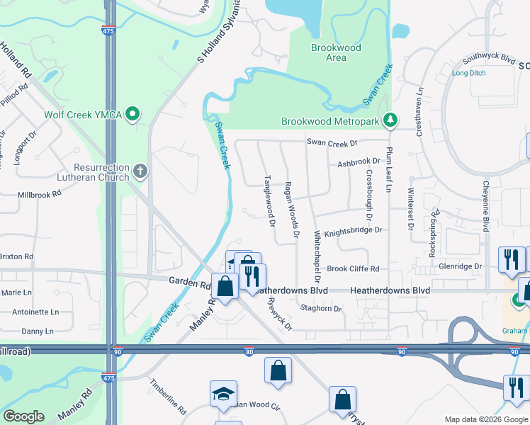 map of restaurants, bars, coffee shops, grocery stores, and more near 2306 Tanglewood Drive in Toledo