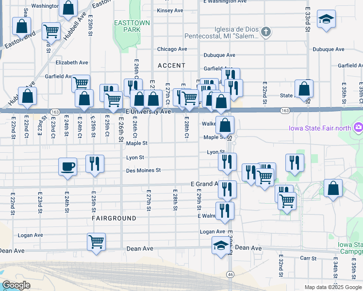 map of restaurants, bars, coffee shops, grocery stores, and more near 2811 Maple Street in Des Moines