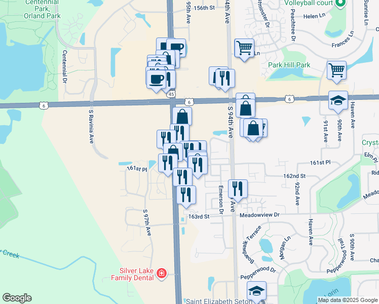 map of restaurants, bars, coffee shops, grocery stores, and more near 16051 LaGrange Road in Orland Park