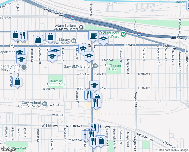 map of restaurants, bars, coffee shops, grocery stores, and more near 701 Broadway in Gary