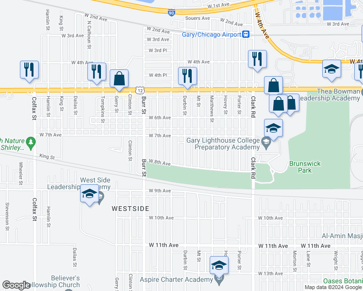 map of restaurants, bars, coffee shops, grocery stores, and more near 726 Durbin Street in Gary