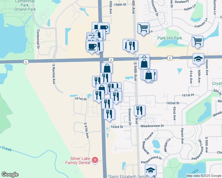 map of restaurants, bars, coffee shops, grocery stores, and more near 16051 LaGrange Road in Orland Park