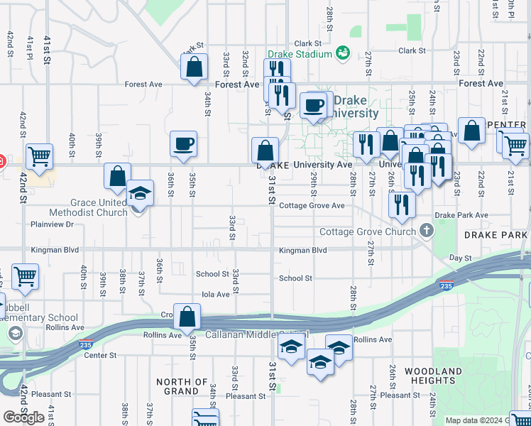 map of restaurants, bars, coffee shops, grocery stores, and more near 3102 Cottage Grove Avenue in Des Moines