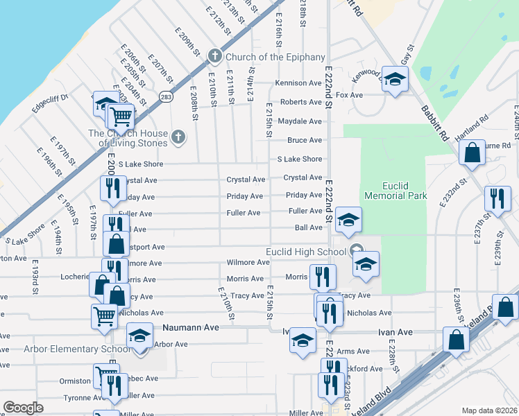 map of restaurants, bars, coffee shops, grocery stores, and more near 21441 Fuller Avenue in Euclid