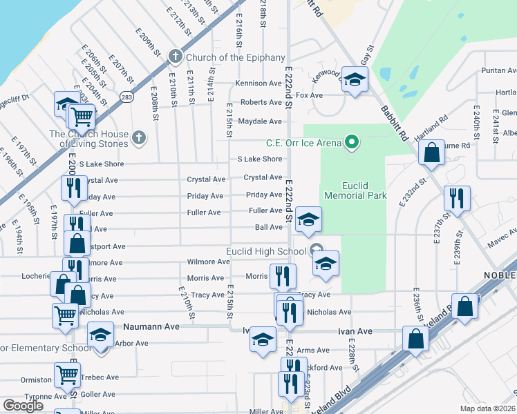 map of restaurants, bars, coffee shops, grocery stores, and more near 21871 Fuller Avenue in Euclid