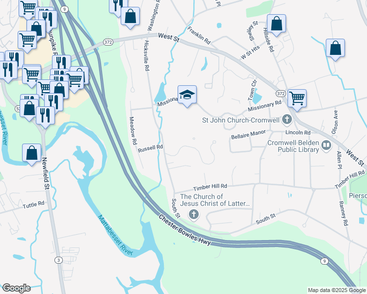 map of restaurants, bars, coffee shops, grocery stores, and more near 501 Rook Road in Cromwell