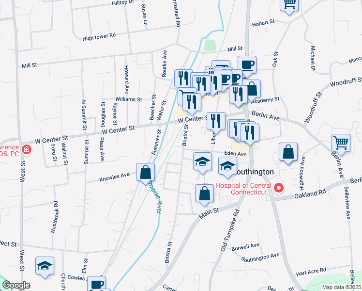 map of restaurants, bars, coffee shops, grocery stores, and more near 65 Bristol Street in Southington