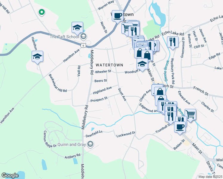 map of restaurants, bars, coffee shops, grocery stores, and more near 47 Highland Avenue in Watertown