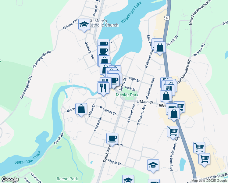 map of restaurants, bars, coffee shops, grocery stores, and more near 2653 East Main Street in Wappingers Falls