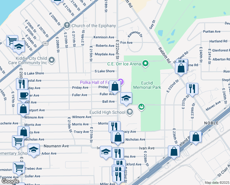 map of restaurants, bars, coffee shops, grocery stores, and more near 631 East 222nd Street in Euclid