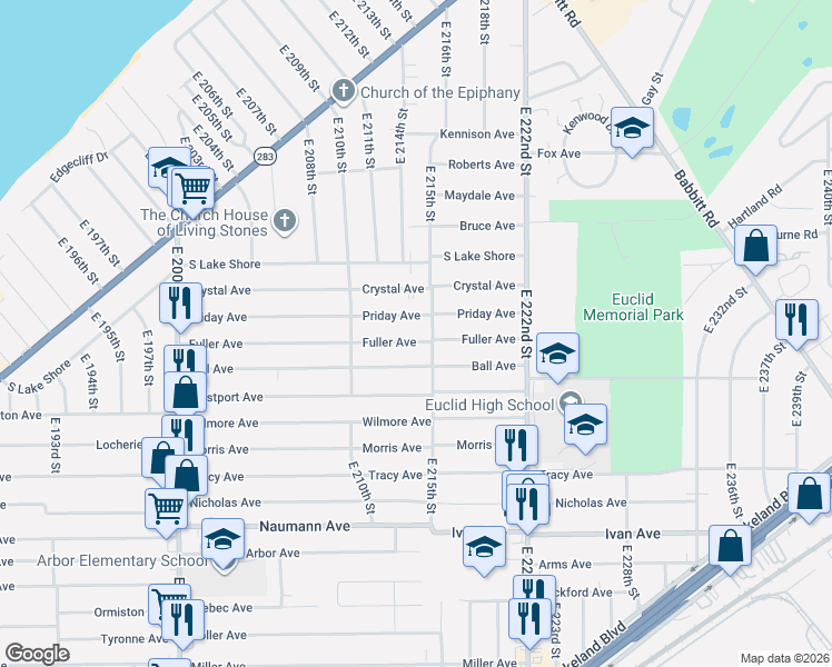 map of restaurants, bars, coffee shops, grocery stores, and more near 21441 Fuller Avenue in Euclid