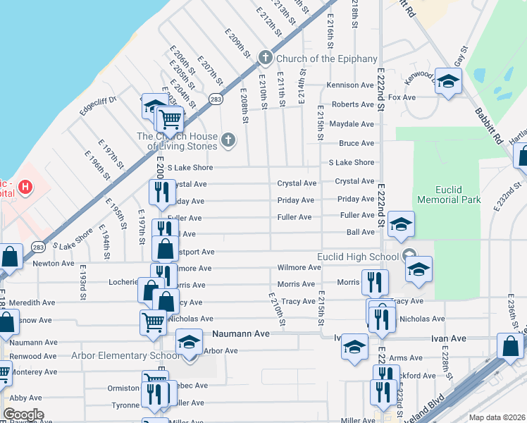 map of restaurants, bars, coffee shops, grocery stores, and more near 21001 Fuller Avenue in Euclid