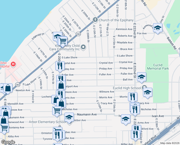 map of restaurants, bars, coffee shops, grocery stores, and more near 20801 Fuller Avenue in Euclid