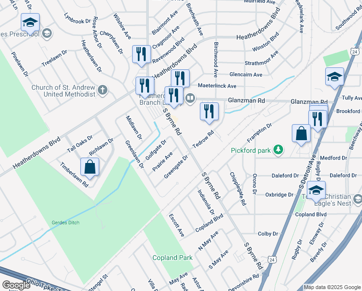 map of restaurants, bars, coffee shops, grocery stores, and more near 3534 Prairie Avenue in Toledo