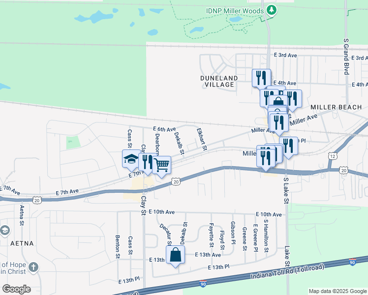 map of restaurants, bars, coffee shops, grocery stores, and more near 656 Dekalb Street in Gary