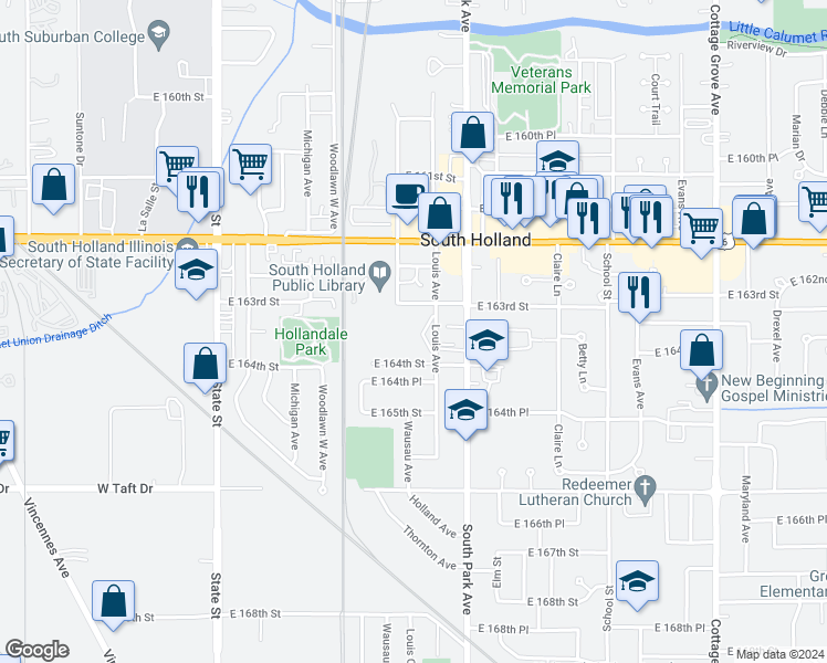 map of restaurants, bars, coffee shops, grocery stores, and more near 16300 Louis Avenue in South Holland