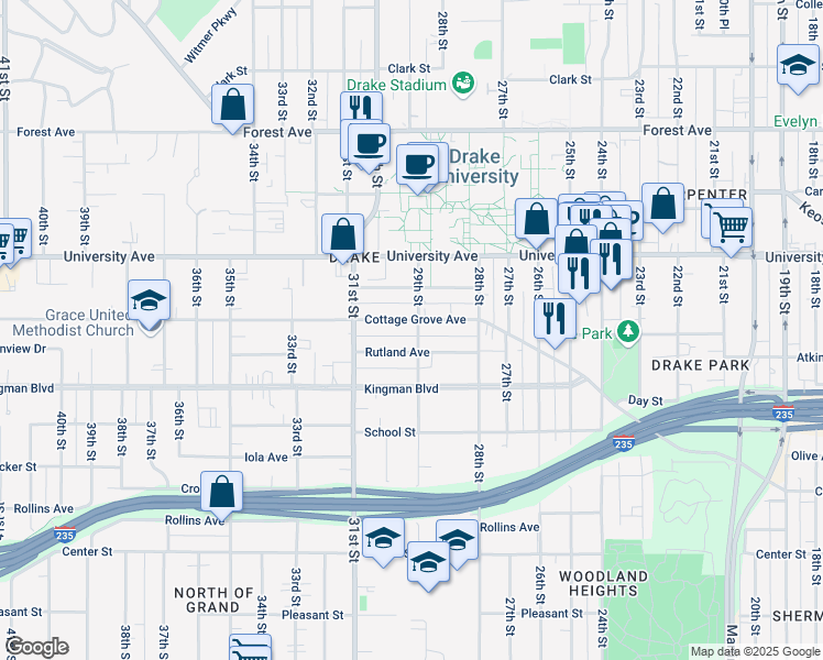 map of restaurants, bars, coffee shops, grocery stores, and more near 2900 Cottage Grove Avenue in Des Moines