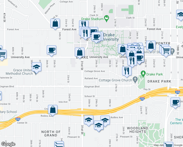 map of restaurants, bars, coffee shops, grocery stores, and more near 2900 Cottage Grove Avenue in Des Moines