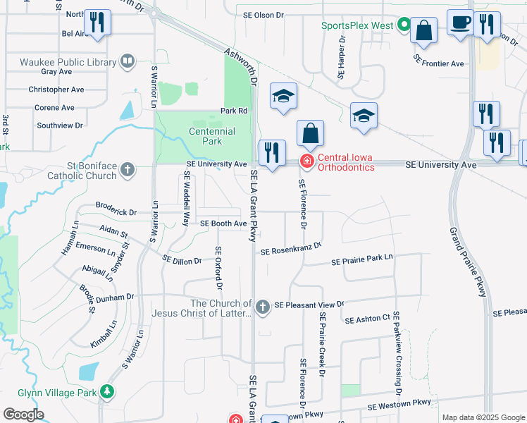map of restaurants, bars, coffee shops, grocery stores, and more near 340 Booth Drive in Waukee