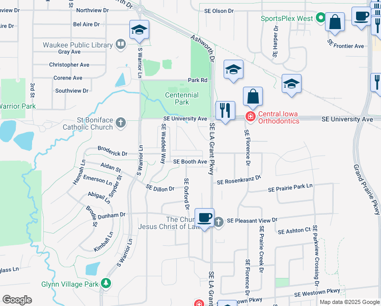 map of restaurants, bars, coffee shops, grocery stores, and more near 167 Southeast Booth Avenue in Waukee