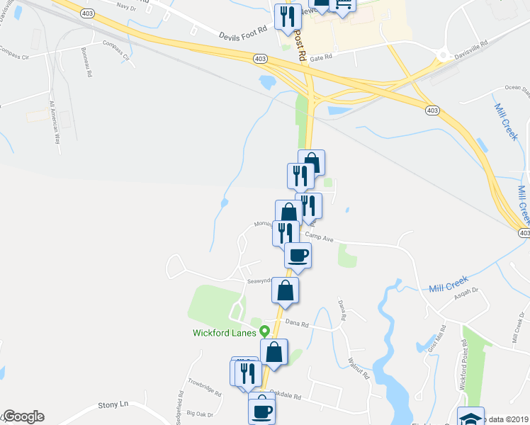 map of restaurants, bars, coffee shops, grocery stores, and more near 7335 Post Road in North Kingstown
