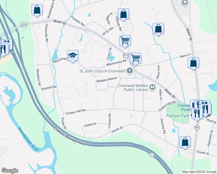 map of restaurants, bars, coffee shops, grocery stores, and more near Bellaire Manor in Cromwell