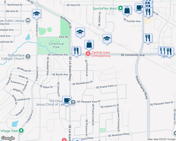 map of restaurants, bars, coffee shops, grocery stores, and more near 1335 Southeast Florence Drive in Waukee