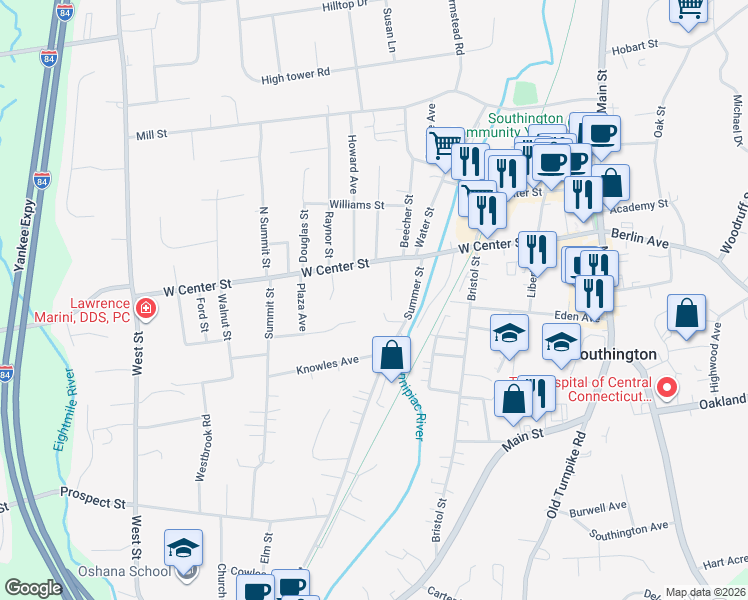 map of restaurants, bars, coffee shops, grocery stores, and more near 20 Wolf Hill Road in Southington