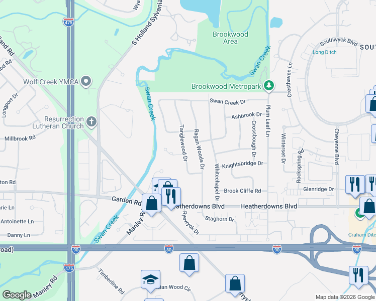 map of restaurants, bars, coffee shops, grocery stores, and more near 2306 Tanglewood Drive in Toledo