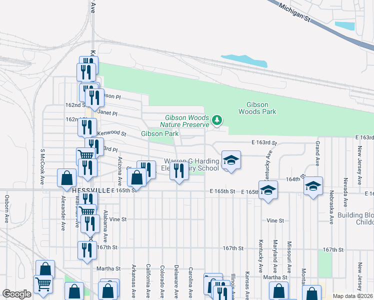 map of restaurants, bars, coffee shops, grocery stores, and more near 3129 163rd Place in Hammond