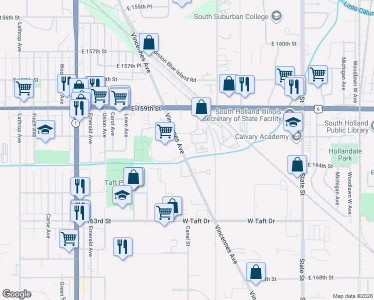 map of restaurants, bars, coffee shops, grocery stores, and more near 16329 Vincennes Avenue in South Holland