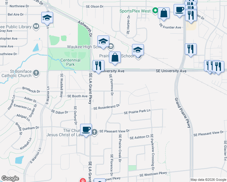 map of restaurants, bars, coffee shops, grocery stores, and more near 1400 Southeast Rosenkranz Drive in Waukee