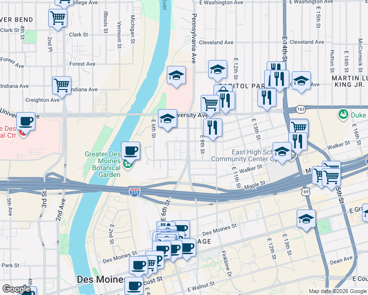 map of restaurants, bars, coffee shops, grocery stores, and more near 1016 Pennsylvania Avenue in Des Moines