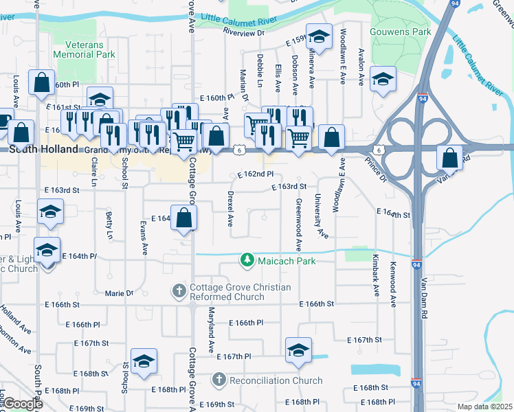 map of restaurants, bars, coffee shops, grocery stores, and more near 944 East 163rd Place in South Holland